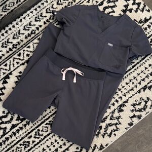 FIGS Charcoal Scrub Top and Pants with Blush Drawstring